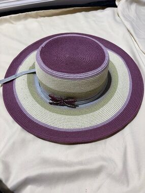 Striped Wide-Brim Sun Hat in Purple and Cream with Dragonfly Accent